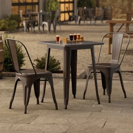meja kursi cafe outdoor besi warna coklat model industrial