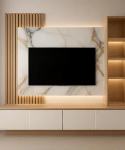 Model lemari TV minimalis terbaru dengan desain kayu dan marmer