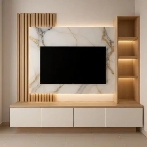 Model lemari TV minimalis terbaru dengan desain kayu dan marmer