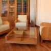 kursi kayu minimalis unik dengan rangka kayu dan bantalan modern
