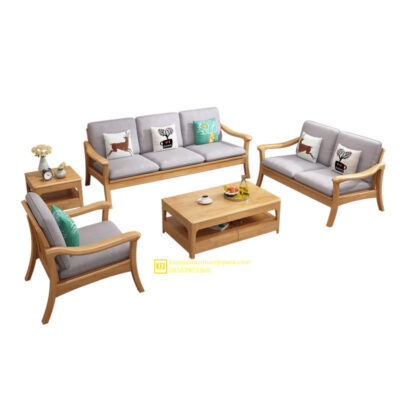 Kursi sofa tamu minimalis kayu jati Jepara dengan tanganan lengkung elegan