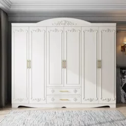 Lemari 6 pintu mewah kayu jati Jepara finishing putih elegan