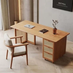meja kerja kayu minimalis modern dengan laci rotan