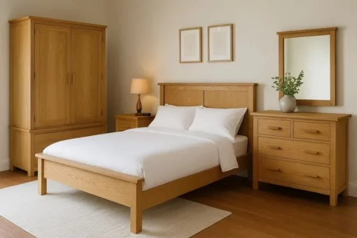 Set kamar tidur minimalis modern kayu jati lengkap ranjang lemari dan meja rias