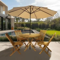 Set meja payung taman kursi lipat jati minimalis untuk outdoor dan kolam renang
