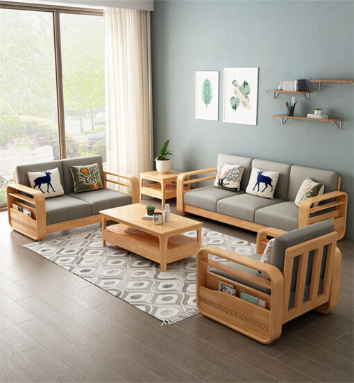 set sofa kayu jati ruang tamu elegan desain natural