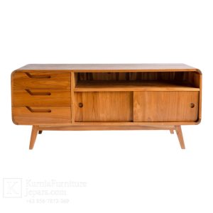 rak televisi jati dengan desain mid century modern