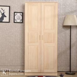 lemari kayu solid natural minimalis dua pintu untuk kamar tidur
