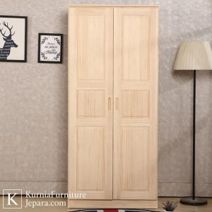 lemari kayu solid natural minimalis dua pintu untuk kamar tidur