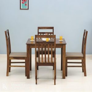 Meja makan minimalis 4 kursi dari kayu solid dengan desain sederhana dan elegan