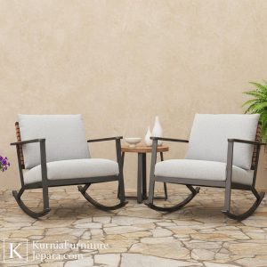Kursi meja outdoor minimalis dengan dua kursi goyang dan meja kayu di teras modern