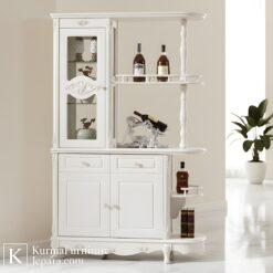 lemari hias jati minimalis warna putih dengan rak bar dan kaca