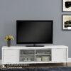 rak tv minimalis warna putih dengan kabinet dan rak terbuka