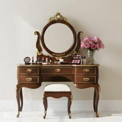 Meja rias kamar kayu klasik dengan cermin bulat dan aksen emas