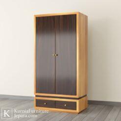 Lemari kayu solid minimalis modern dengan dua pintu dan laci bawah