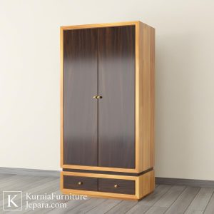 Lemari kayu solid minimalis modern dengan dua pintu dan laci bawah