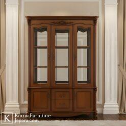 lemari hias jepara kayu solid dengan pintu kaca dan desain klasik coklat natural