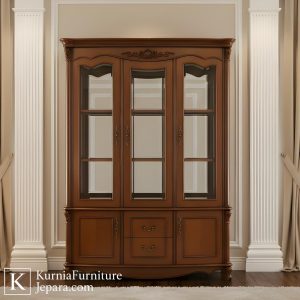 lemari hias jepara kayu solid dengan pintu kaca dan desain klasik coklat natural