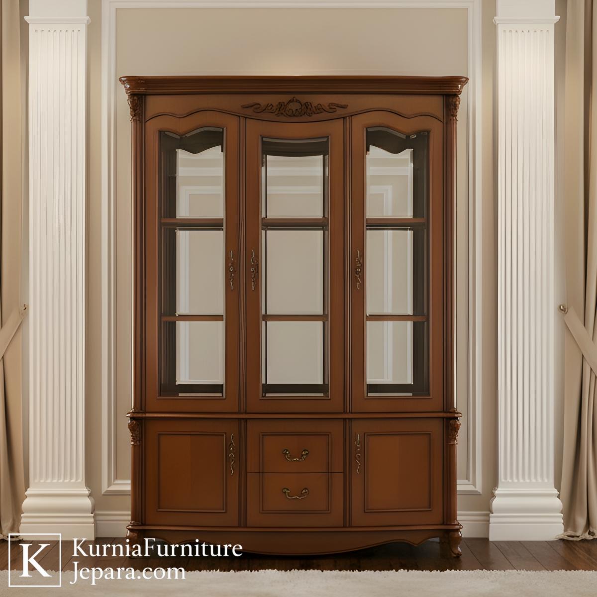 Kokoh Lemari Hias Jepara Klasik Kaca Tebal Kayu Solid Asli 3 lemari hias jepara kayu solid dengan pintu kaca dan desain klasik coklat natural