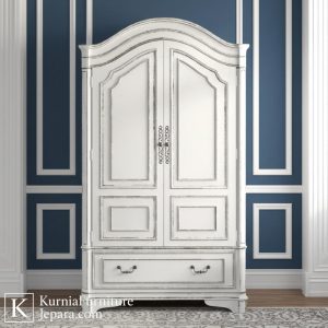 lemari putih vintage ukiran klasik kayu solid tampilan depan