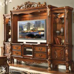 Bufet tv mewah ukir klasik kayu jati dengan desain elegan dan rak penyimpanan