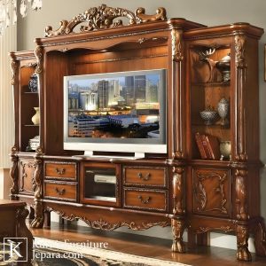 Bufet tv mewah ukir klasik kayu jati dengan desain elegan dan rak penyimpanan