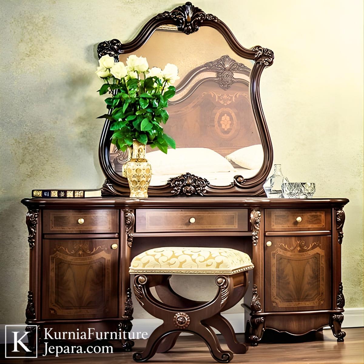 Elegan Meja Rias Jati Antik Ukiran Klasik Mewah Berkelas 3 Meja rias jati antik ukiran klasik dengan cermin besar dan bangku empuk