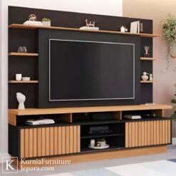 rak tv terbaru desain modern dengan panel hitam dan rak kayu minimalis