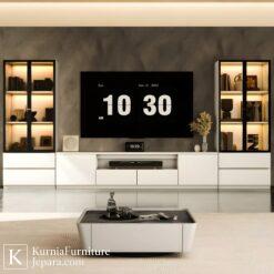 rak tv minimalis mewah dengan kabinet kaca dan panel dinding modern