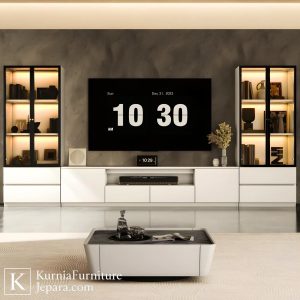 rak tv minimalis mewah dengan kabinet kaca dan panel dinding modern