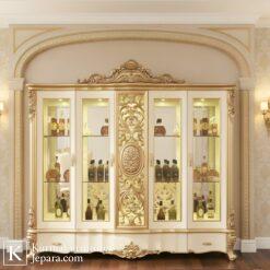 lemari hias jati jepara terbaru ukir emas kaca full display