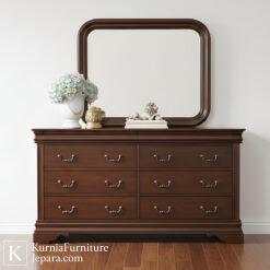 meja rias klasik kayu cokelat dengan cermin besar dan laci