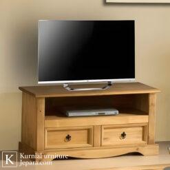 Rak TV kayu sederhana warna natural dengan laci dan rak terbuka