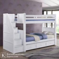 Dipan tingkat jati minimalis warna putih dengan tangga laci dan penyimpanan