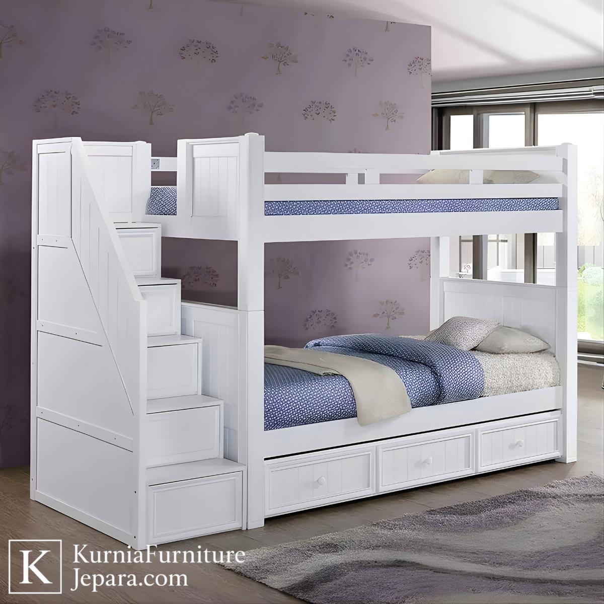 Eksklusif Dipan Tingkat Jati Multifungsi Elegan dengan Tangga Laci & Penyimpanan 3 Dipan tingkat jati minimalis warna putih dengan tangga laci dan penyimpanan