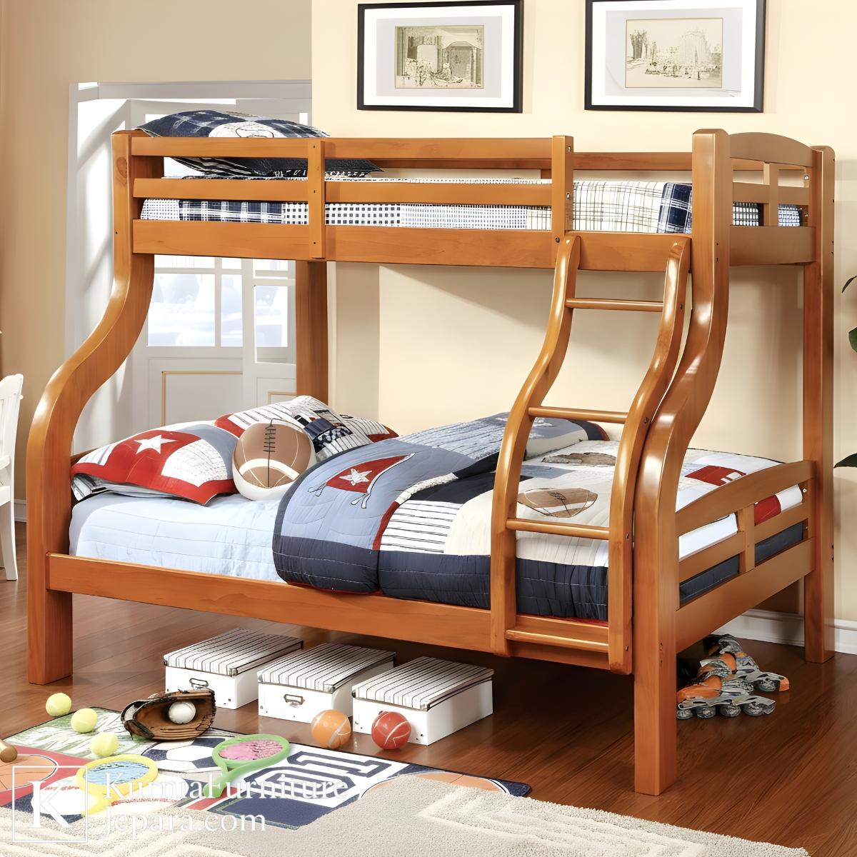 Prime Exclusive Dipan Tingkat Jati Kokoh Elegan untuk Kamar Anak & Keluarga 2 Dipan tingkat jati kayu solid dengan desain klasik modern dan tangga lengkung