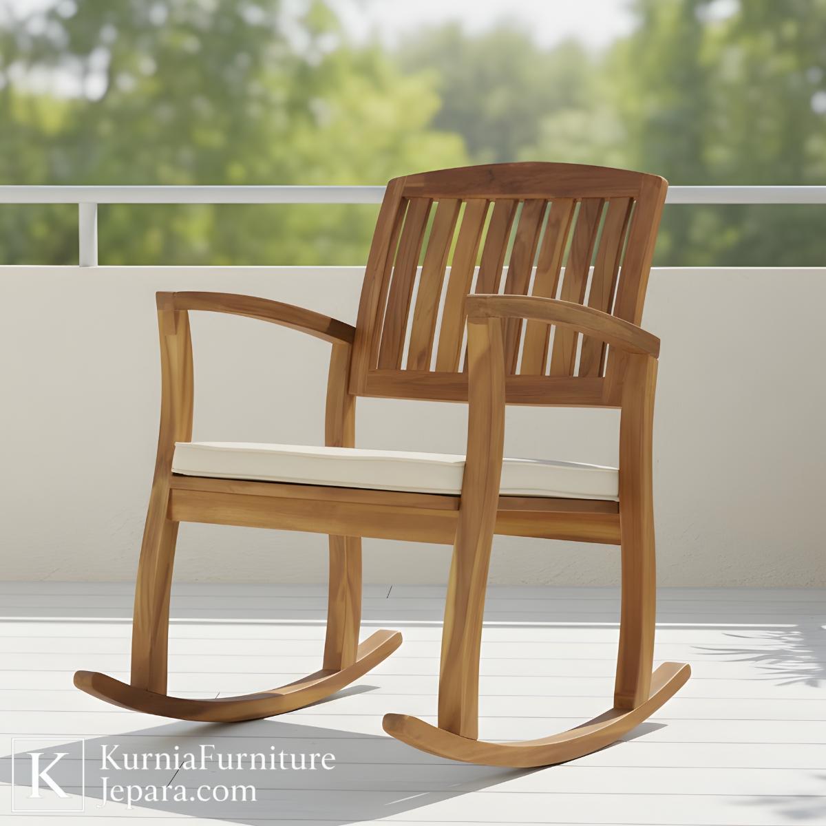 Nyaman Alami Kursi Outdoor Kayu Solid Goyang Kursi Santai Kayu Elegan untuk Teras & Balkon 1 Kursi outdoor kayu solid model goyang dengan bantalan empuk di teras rumah