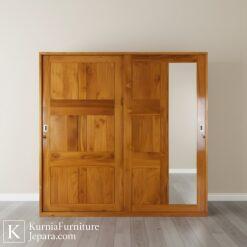 HOME 55 Lemari kayu jati mewah pintu geser dengan panel cermin modern