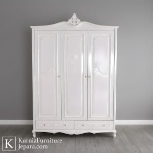 Lemari pakaian mewah modern warna putih dengan desain elegan dan ukiran halus