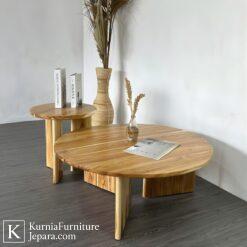 Meja kopi Jepara kayu jati solid desain bulat minimalis untuk ruang tamu
