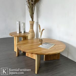 Meja kopi Jepara kayu jati solid desain bulat minimalis untuk ruang tamu