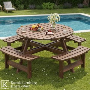 kursi makan outdoor kayu solid dengan meja bundar di taman