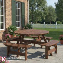 Signature Kursi Makan Outdoor Kayu Solid Set Meja Bundar untuk Taman, Teras & Area Kolam Renang 5 kursi makan outdoor 2