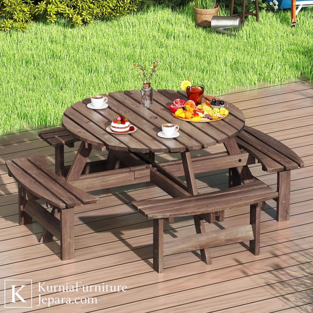 Signature Kursi Makan Outdoor Kayu Solid Set Meja Bundar untuk Taman, Teras & Area Kolam Renang 4 Signature Kursi Makan Outdoor Kayu Solid Set Meja Bundar untuk Taman, Teras & Area Kolam Renang - Image 3