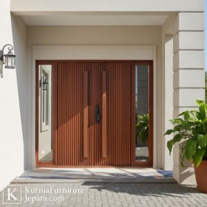 Kusen pintu kayu jati Jepara minimalis dengan desain garis vertikal estetis untuk pintu utama rumah modern