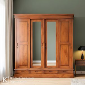 Lemari kayu mahoni pintu geser dengan desain klasik modern dan finishing natural