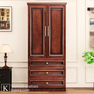 Lemari baju kayu minimalis dua pintu dengan laci bawah bergaya klasik modern untuk kamar tidur