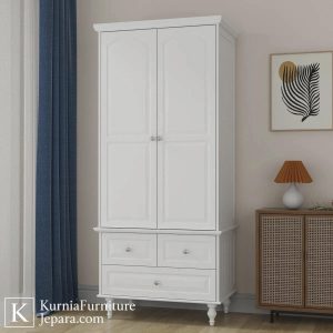 Lemari baju minimalis modern warna putih dengan pintu ganda, rak penyimpanan, dan laci bawah untuk kamar tidur