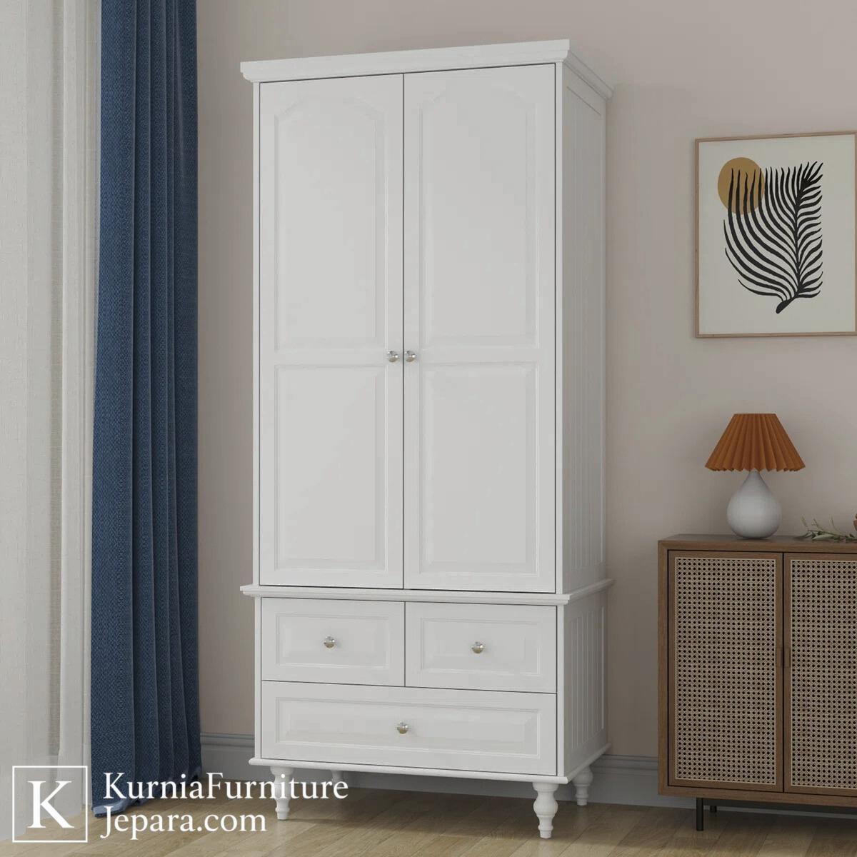 Refined Lemari Baju Minimalis Modern Kayu Solid dengan Pintu Ganda dan Laci Fungsional 3 Lemari baju minimalis modern warna putih dengan pintu ganda, rak penyimpanan, dan laci bawah untuk kamar tidur