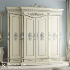 Lemari pakaian mewah modern klasik ukir warna putih dengan desain megah